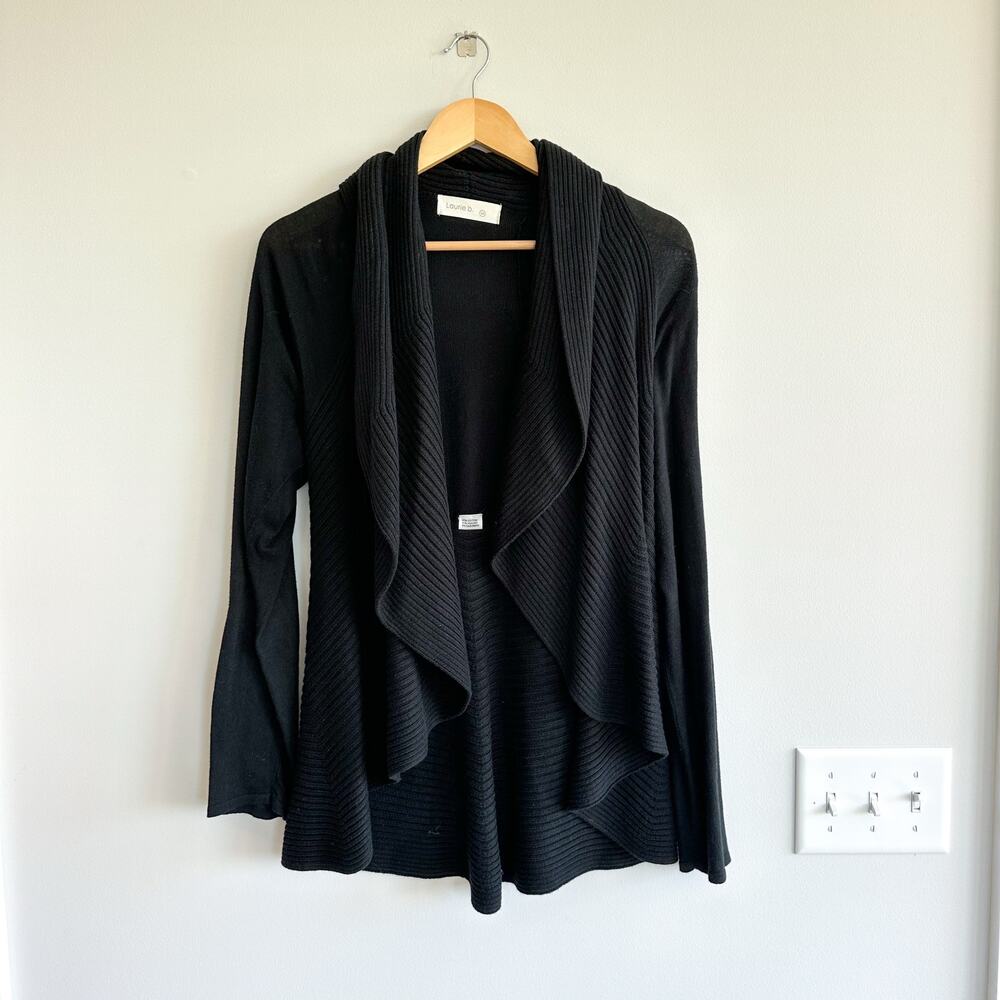 Laurie B Open Waterfall Draped Front Ribbed Knit Long Sleeve Cardigan Black M